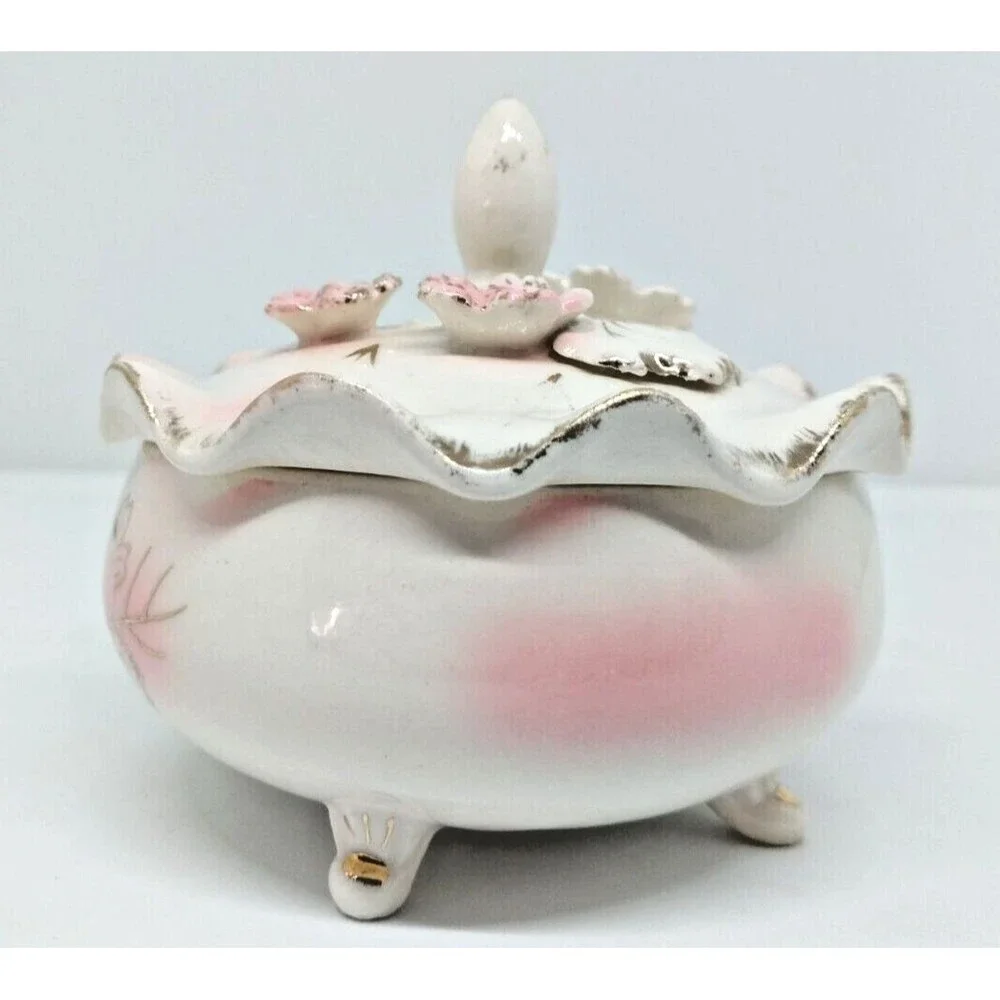VTG Pink Flower Ceramic Trinket Box with Ivory Gold Lid Hand Painted Japan